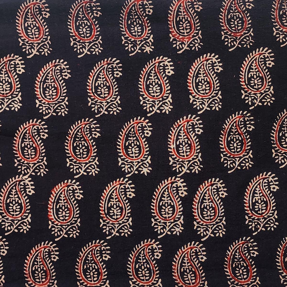 Pure Cotton Ajrak Vegetable Dyed Black With Red And Cream Kairi Hand Block Print Fabric