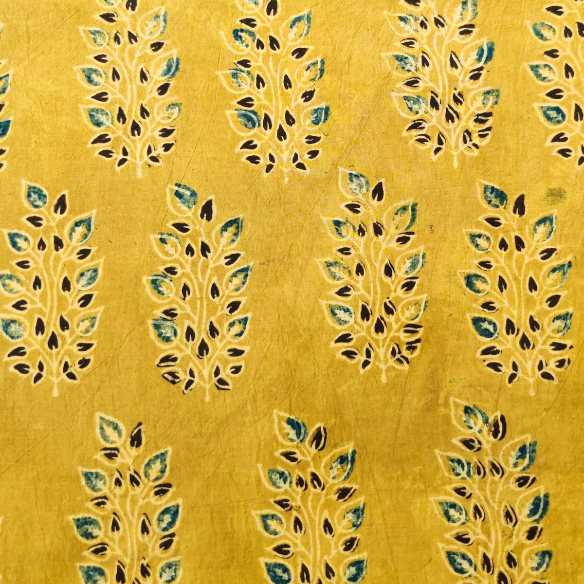 Pure Cotton Ajrak Sandy Brown With Blue Leafy Plant Hand Block Print