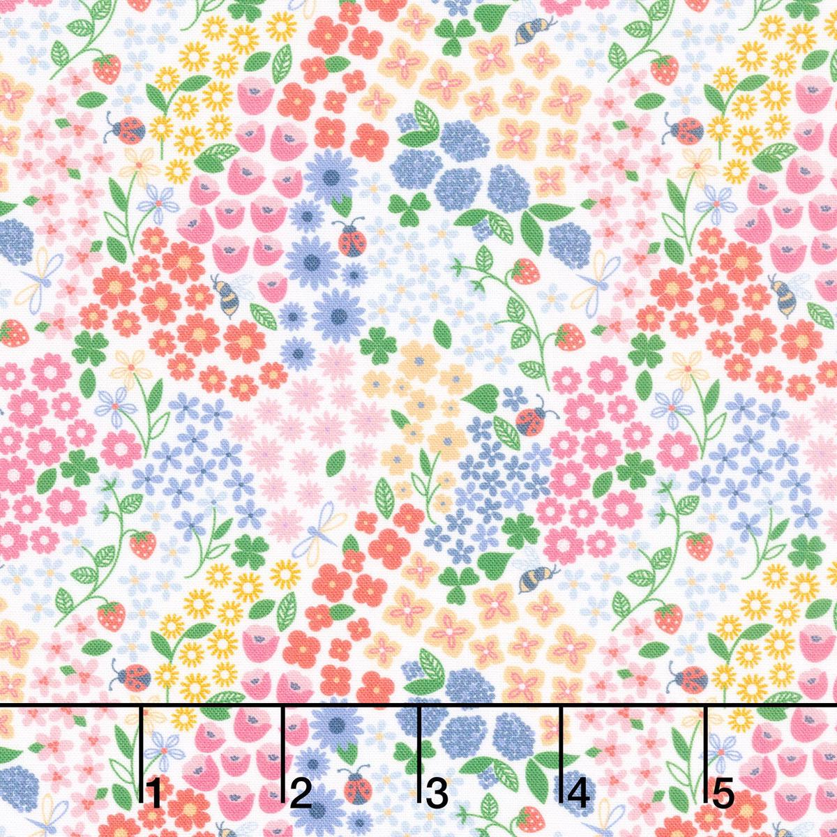 Ingrid's Wildflowers - Packed Flowers and Bugs White Yardage