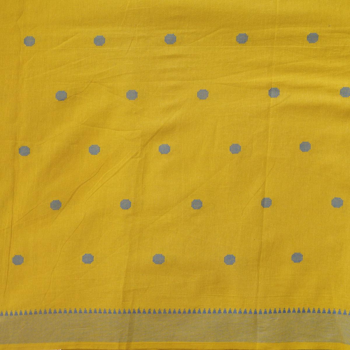 Pure Cotton Handloom mehndi yellow Border polka dot Woven Fabric