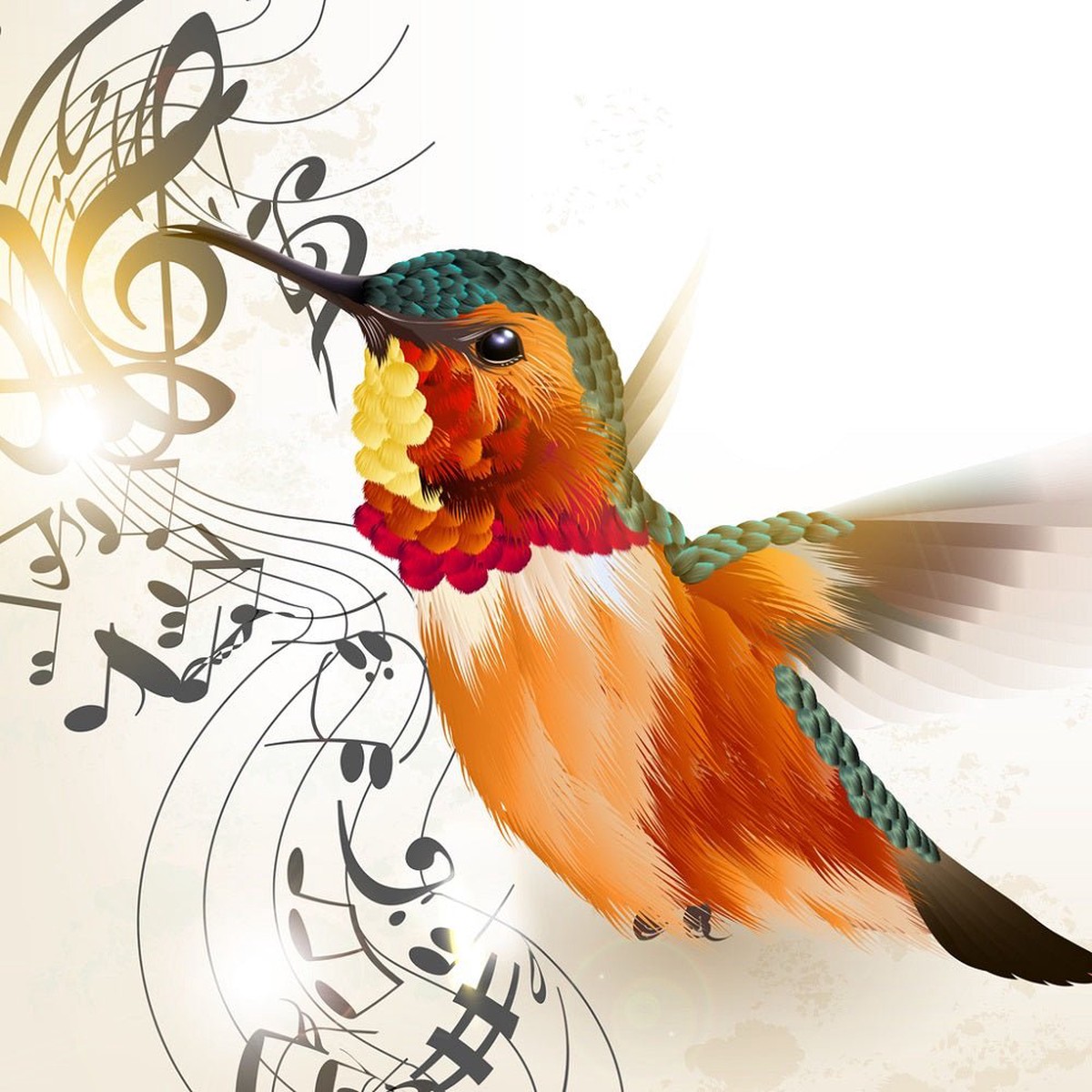 Hummingbird Music Notes Fabric Panel