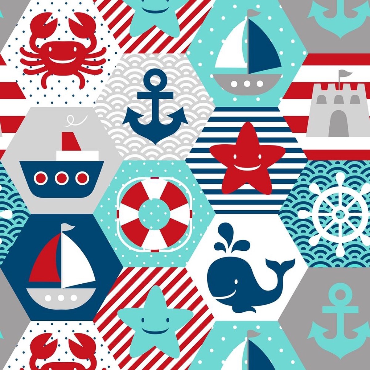 Nautical Patchwork Fabric - Aqua