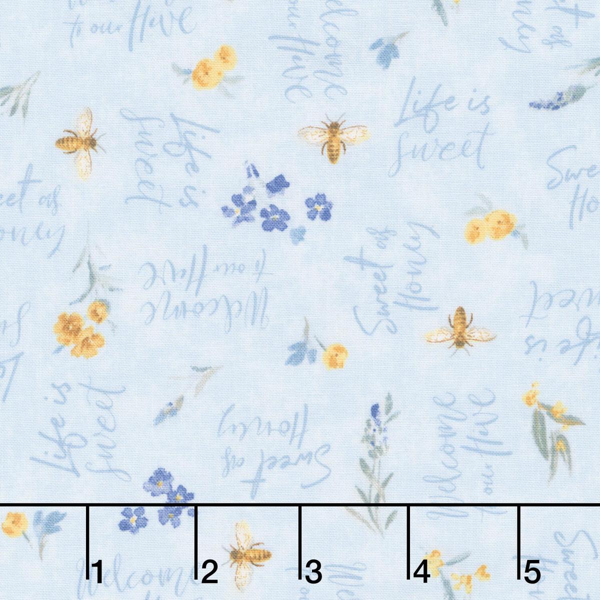Bees & Blooms - Words All Over Blue Yardage