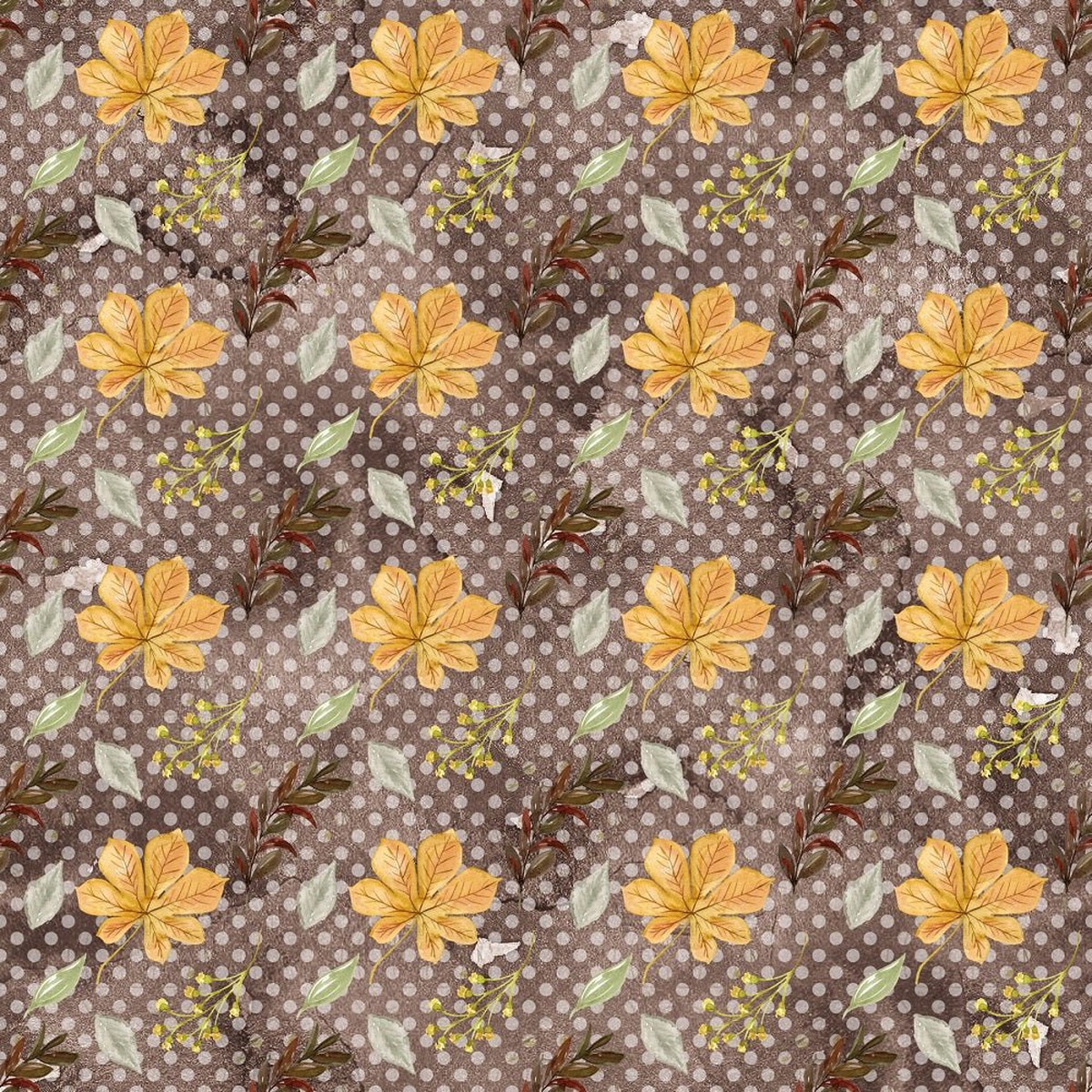 Happy Fall Leaves and Branches on Grunge Fabric