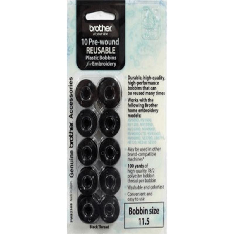 Brother 10pk Black Prewound Embroidery Bobbins Class 15 / SA156 PWB250B