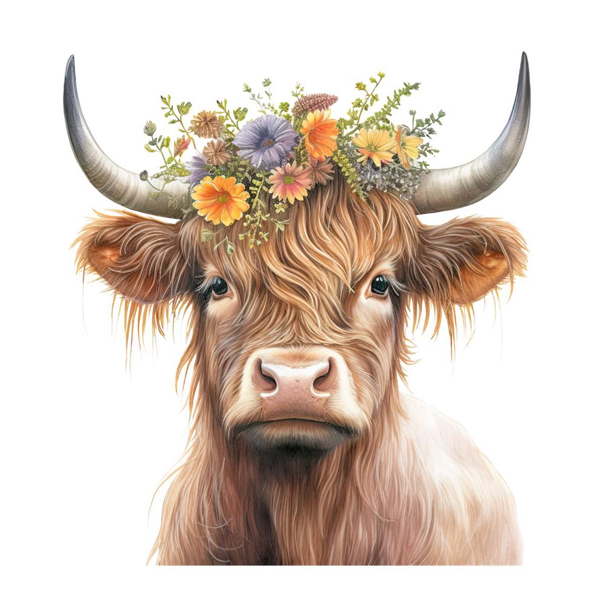 Highland Cow With Flower Crown #2 Fabric Panel