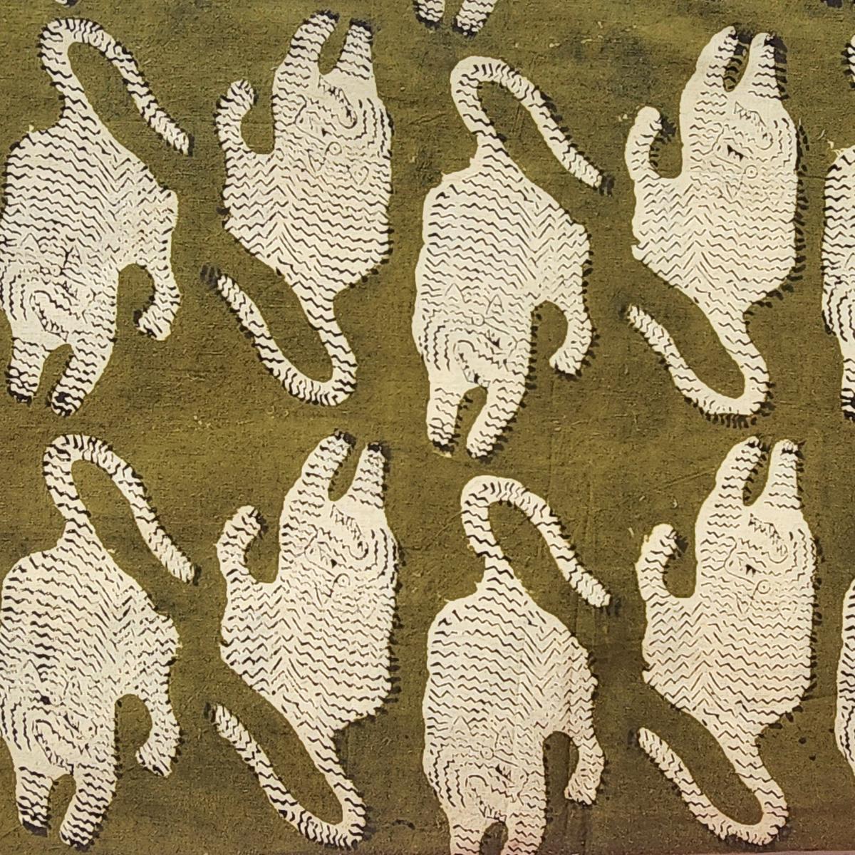 Pure Cotton Bagru Mehandi Green With Cream Tiger Motif Hand Block Print Fabric