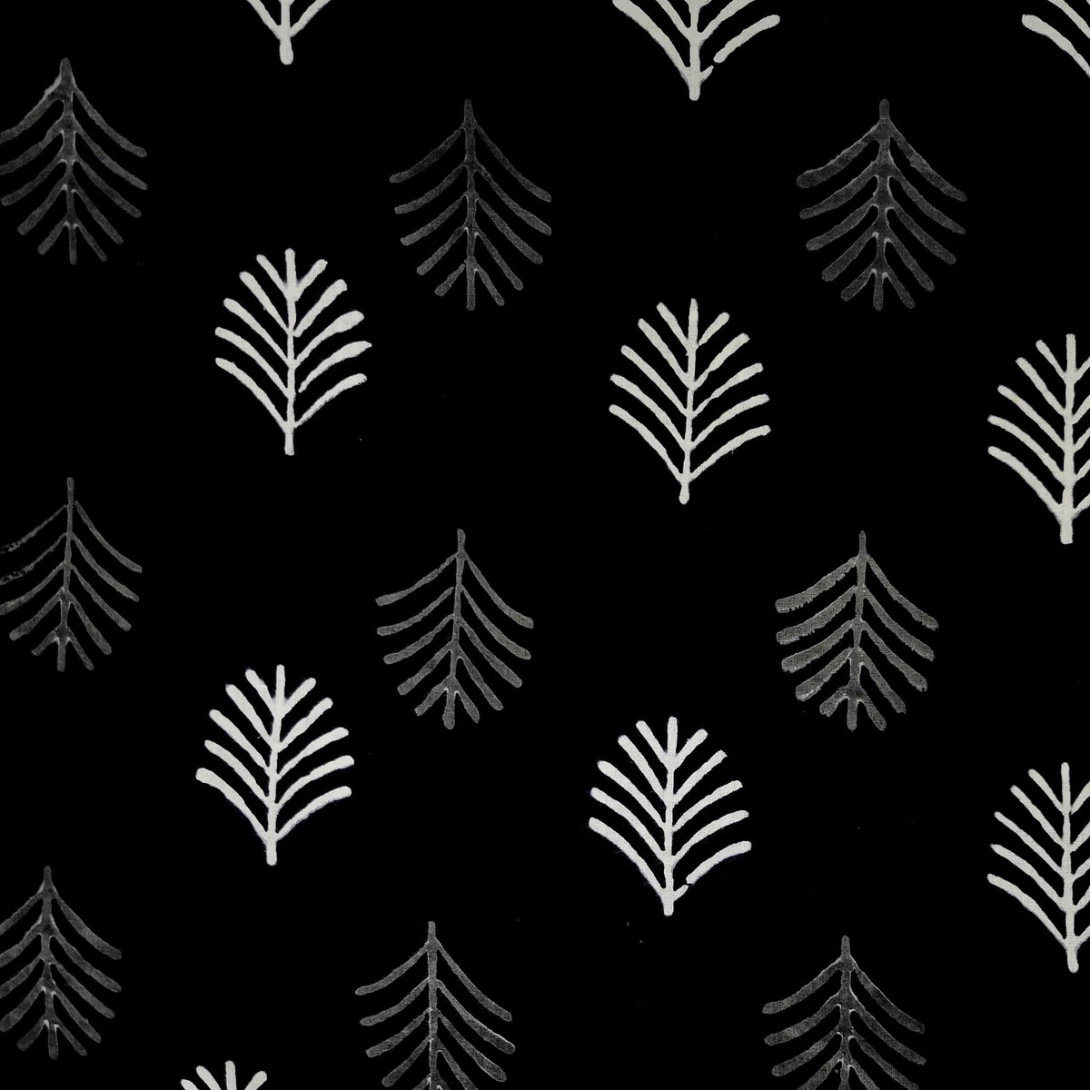 Pure Cotton Black With White And Grey Grass Motifs Hand Block Print Fabric