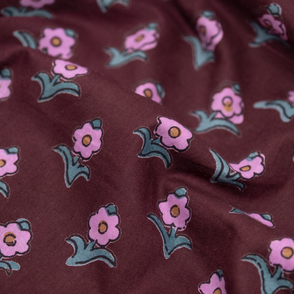 Bloom Block Printed Organic Cotton Batiste - Burgundy/Dahlia/Jade