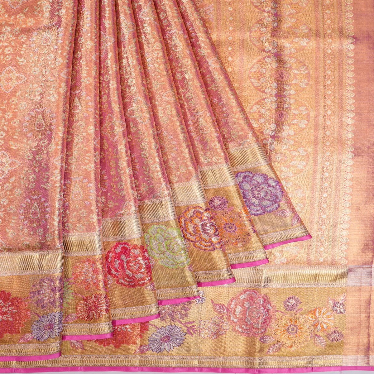 Kanchipuram Silk Tissue Brocade Pink Saree With Meenakari Border