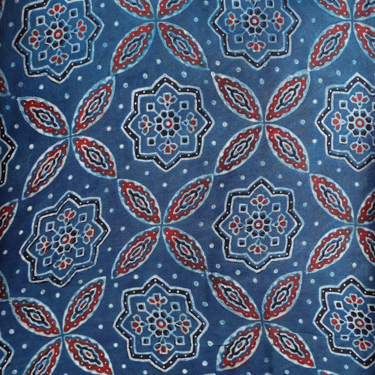 Modal Silk Rust Blue With Maroon And Black Flower Jaal Fabric