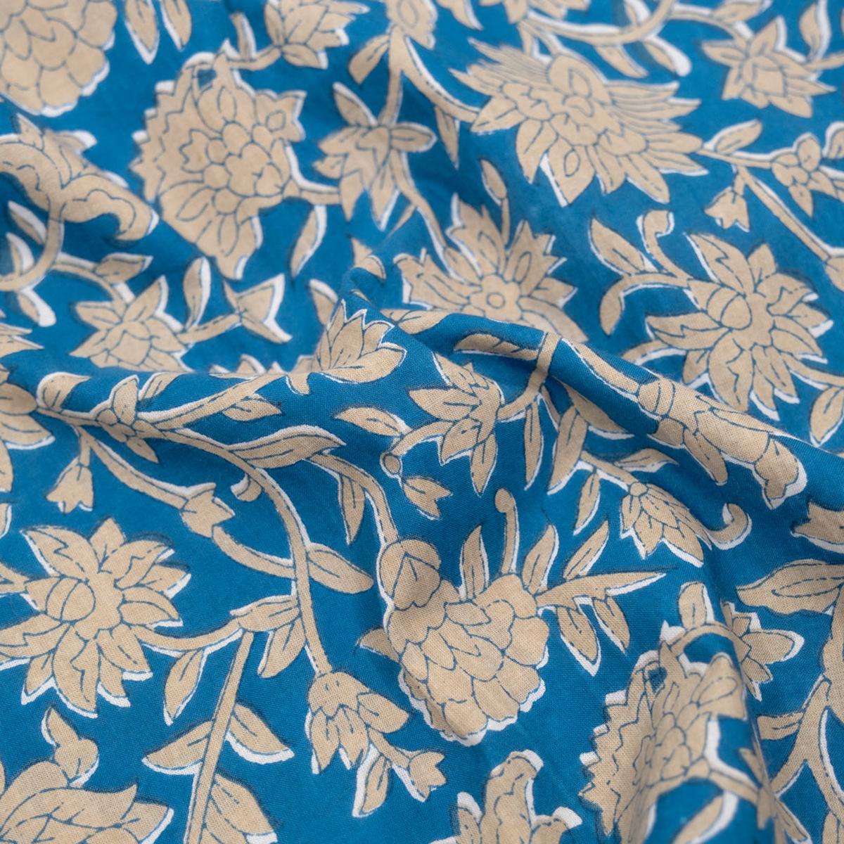 Vine Block Printed Organic Cotton Batiste - Blue Bird/Flax