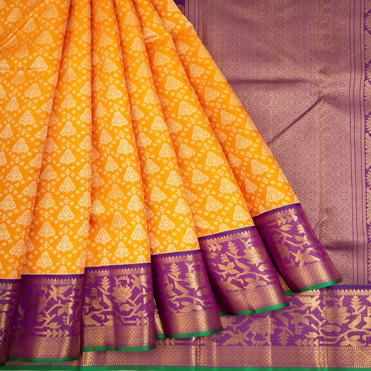 Kanchipuram Silk Criss-Cross Checks And Butta Yellow Saree