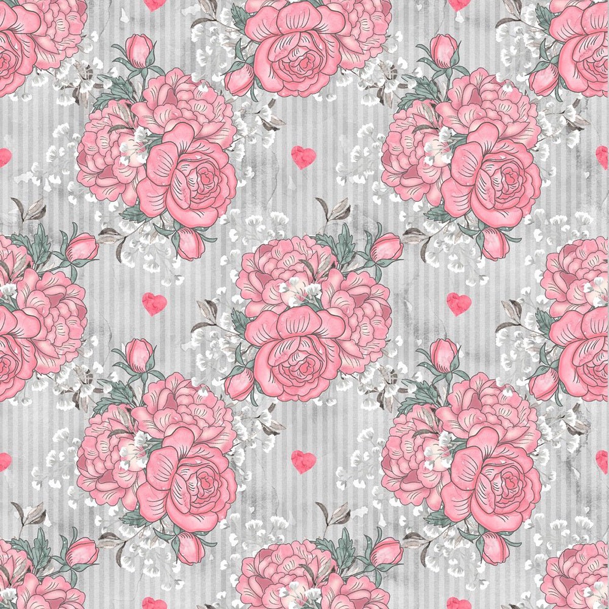 Loving Hearts Bouquets Fabric - Gray