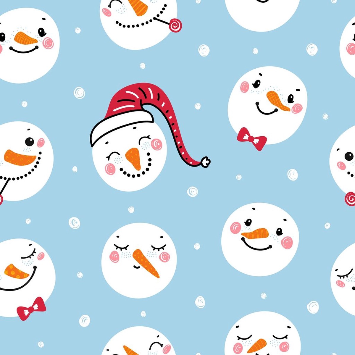 Cute Snowman Faces 3 Fabric - Blue