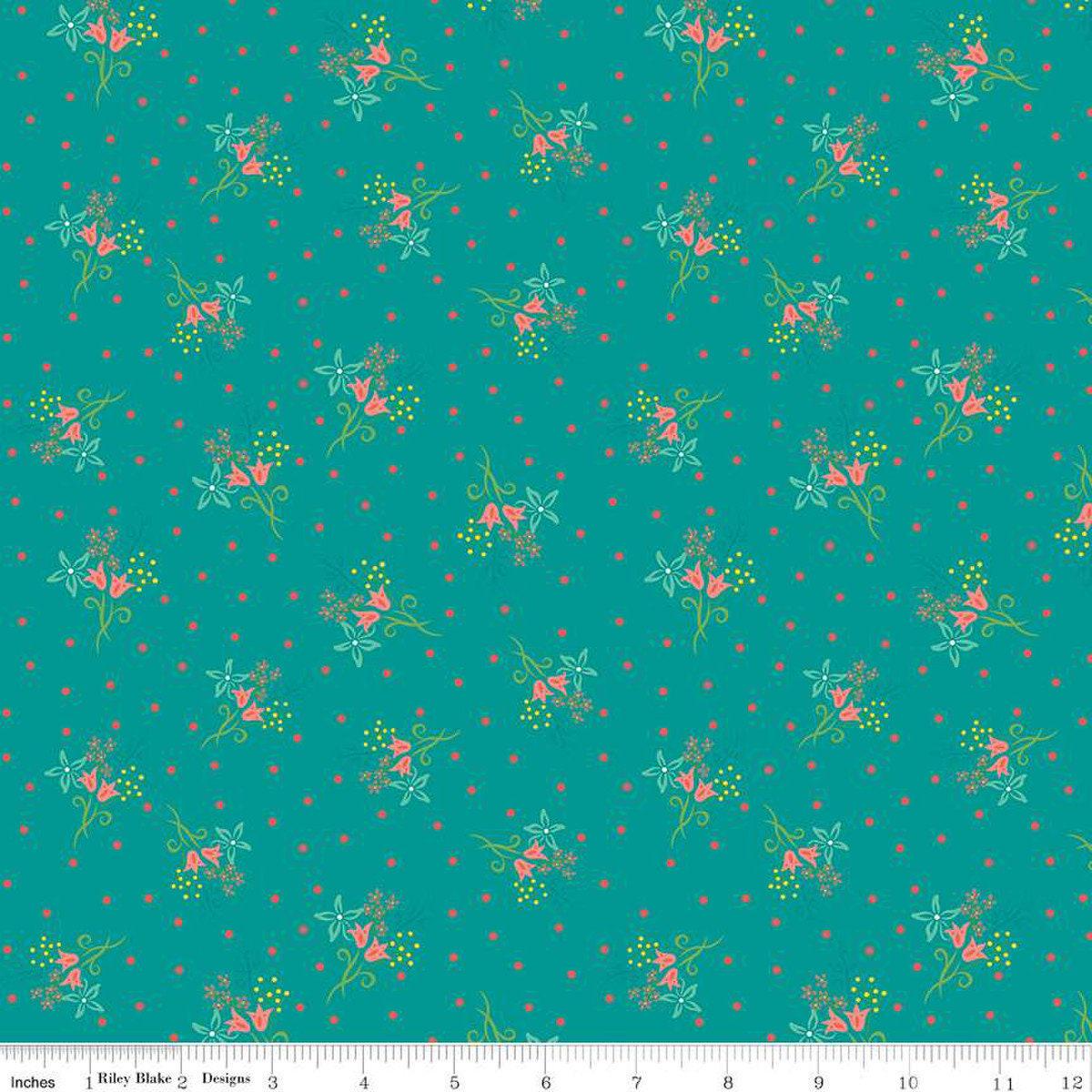 Fat Quarter End of Bolt - SALE Gingham Cottage Scatter Floral C13013 Teal - Riley Blake Designs - Flower Flowers - Quilting Cotton Fabric