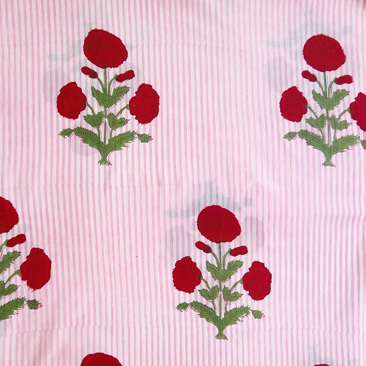 Pure Cotton Jaipuri White With Light Pink Stripes And Red Flower Motif Hand Block Print Fabric