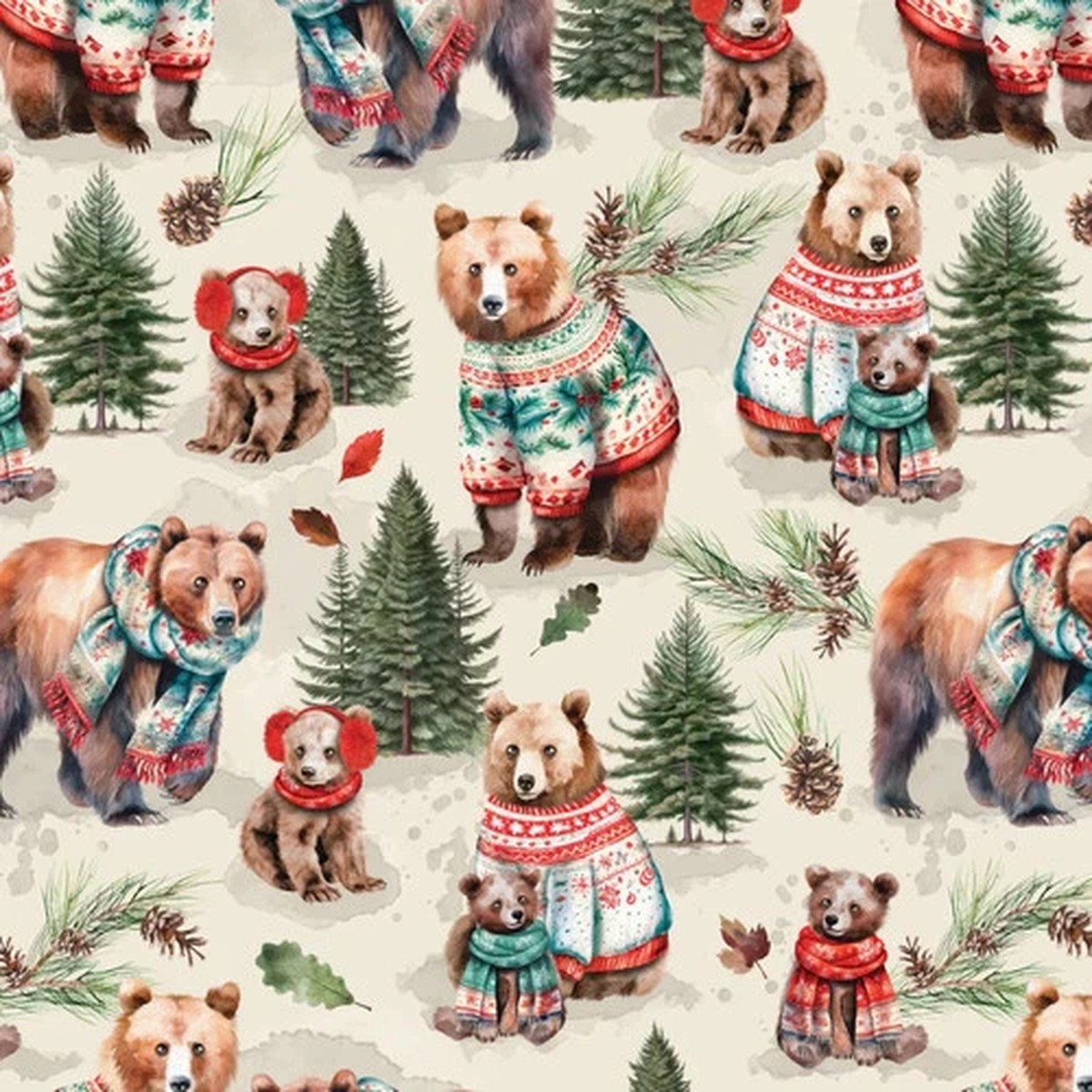 Merry Beary Solstice Snuggles-Cream, Quilt Fabric BTY 44" Wide