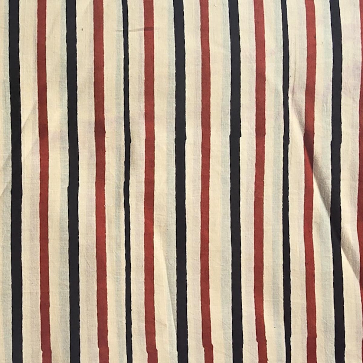 Pure Cotton Bagru Cream And Rust red With Black Stripes Hand Block Print Fabric