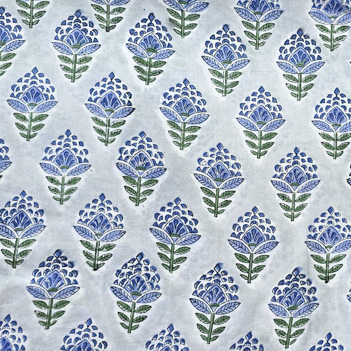 Pure Cotton Jaipuri Grey With Blue Flower Motif Hand Block Print Fabric
