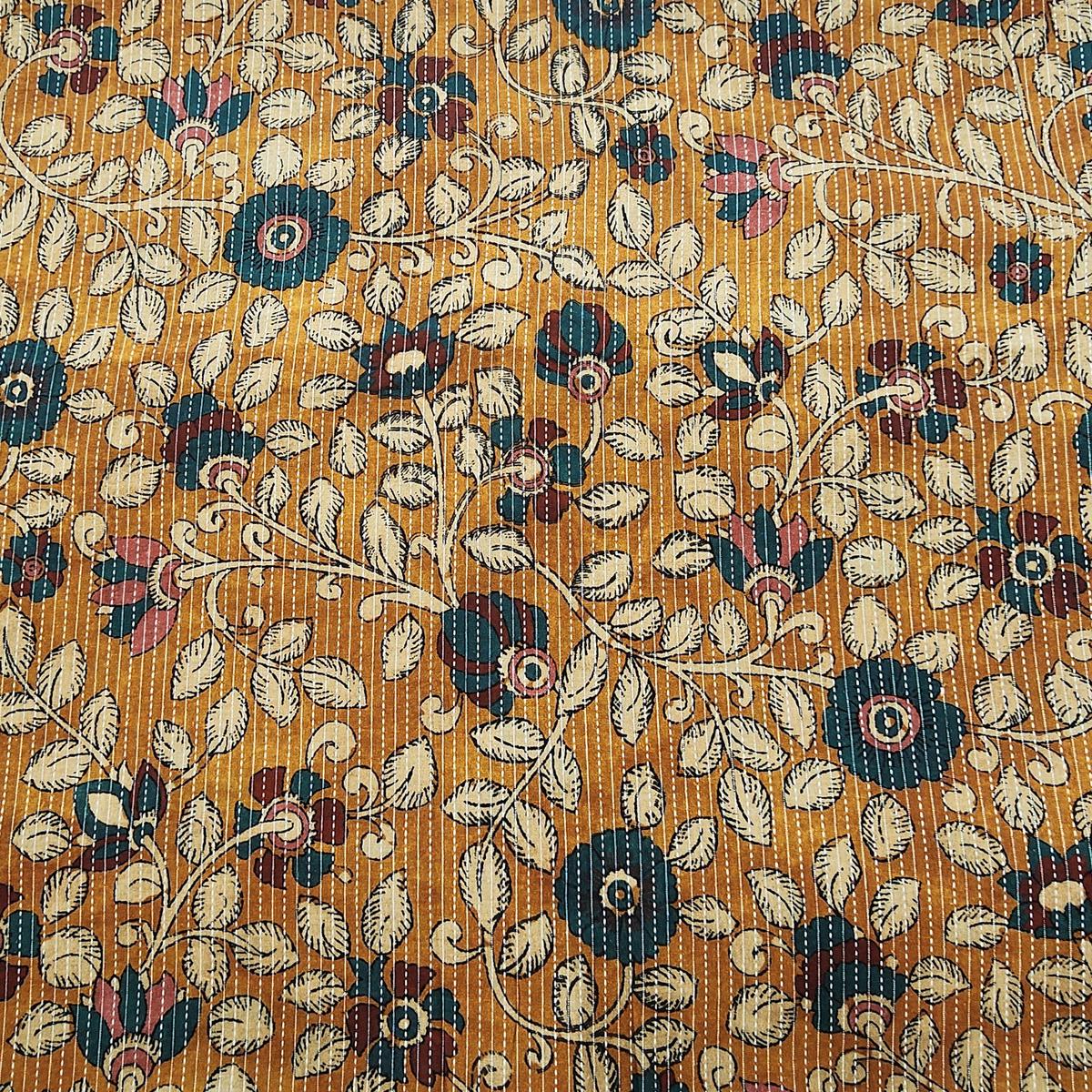 Pure Cotton Katha Kalamkari Mustard With Flower Jaal Digital Print Fabric