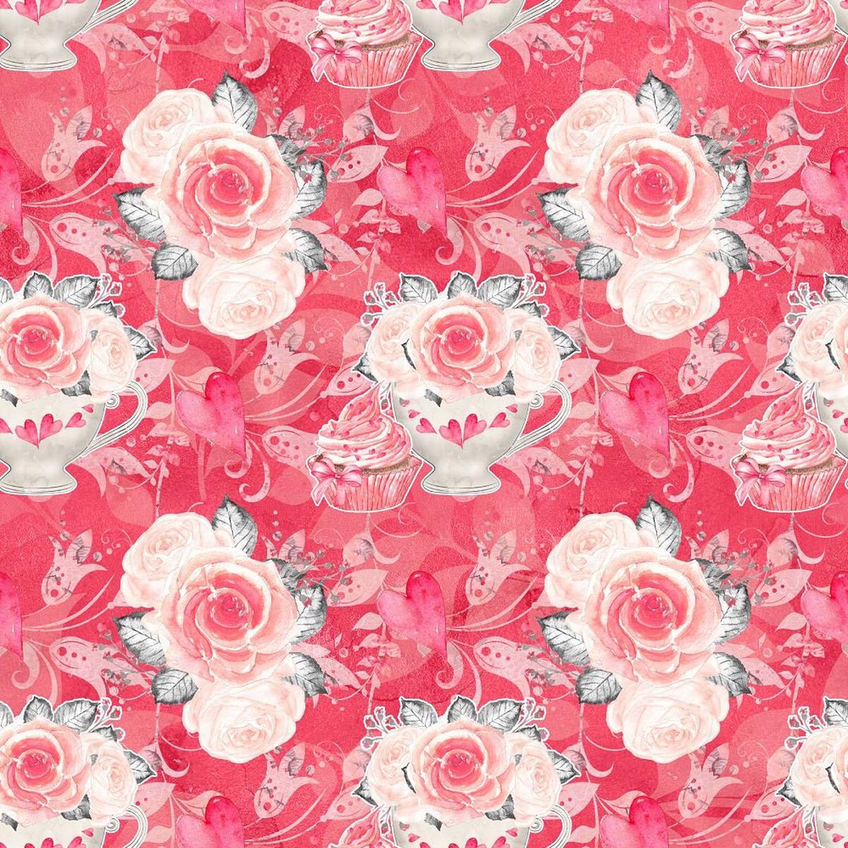 Sweet Valentine Cupcakes on Leaves Fabric - Red