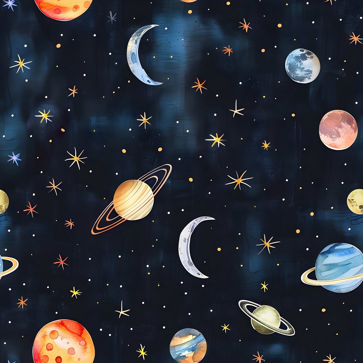Watercolor Space Sky Moon Stars Pattern 1 Quilting Cotton Fabric