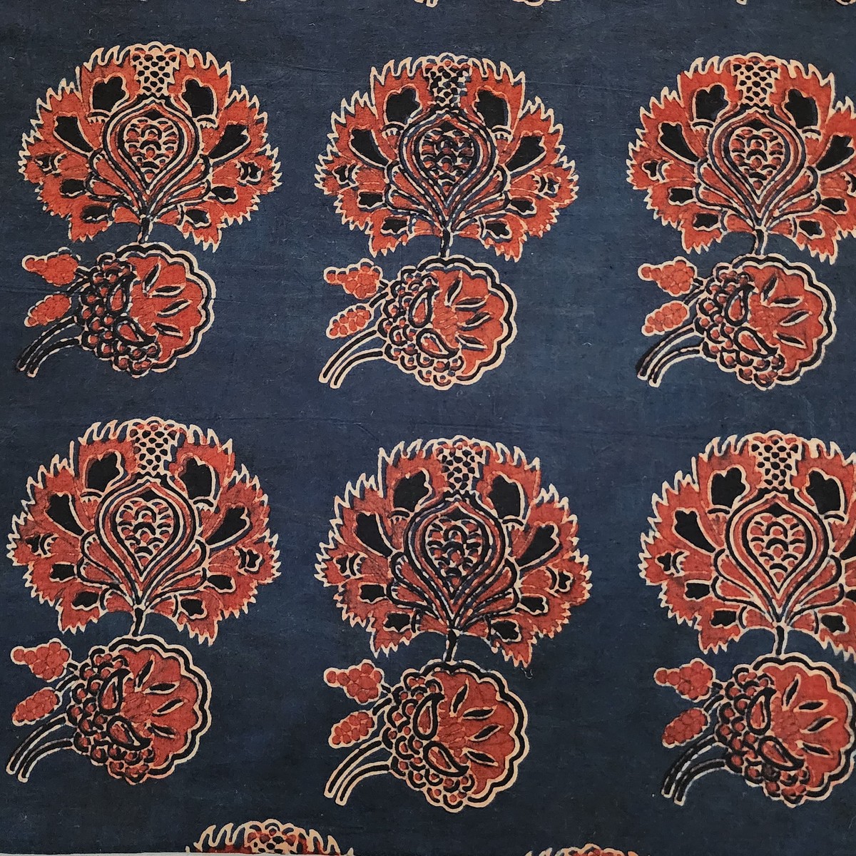 Pure Cotton Ajrak Blue With Red Big Wild Jungle Flower Motif Hand Block Print Fabric