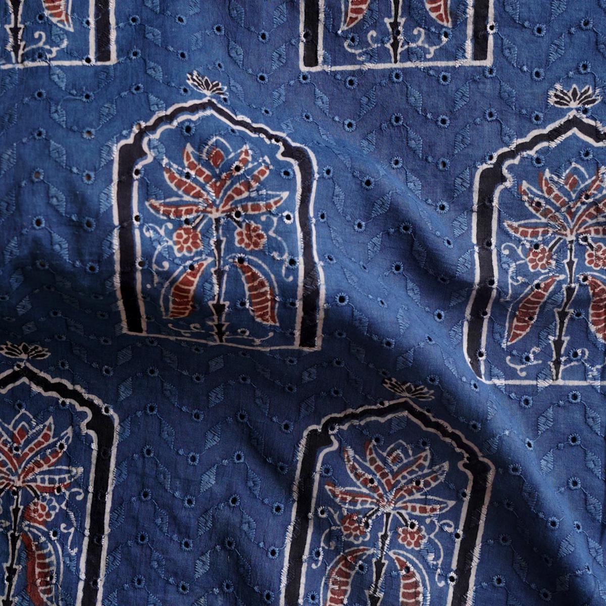 Pure Cotton Hakoba Ajrak Rust Blue With Plant Window Motif Hand Block Print Fabric