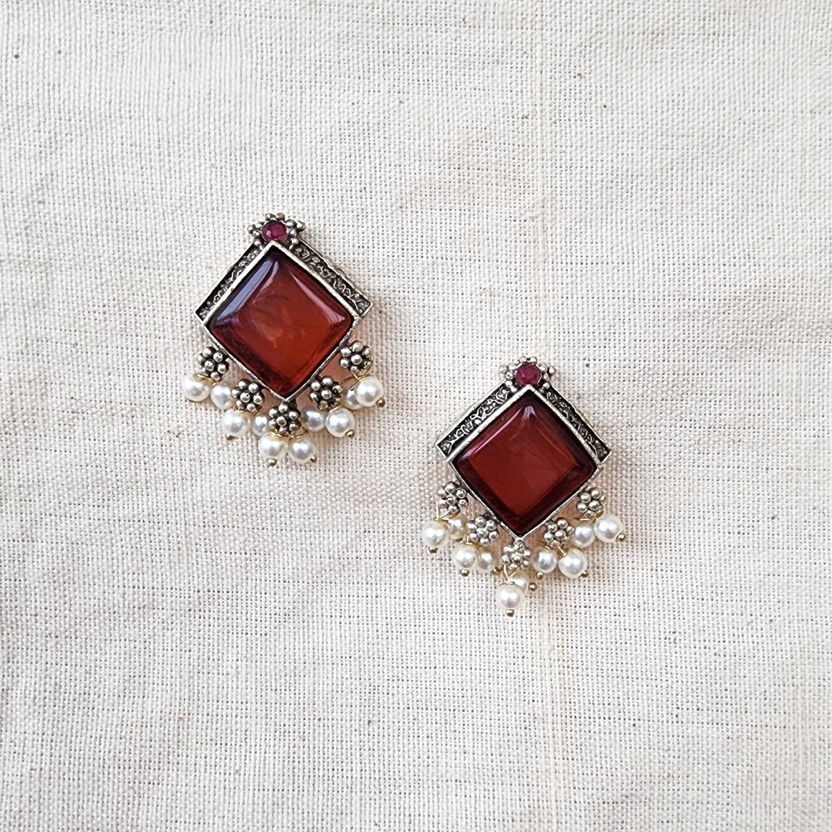 BALAMANI-Maroon And Pink Stone With Pearls German Oxidized Earrings