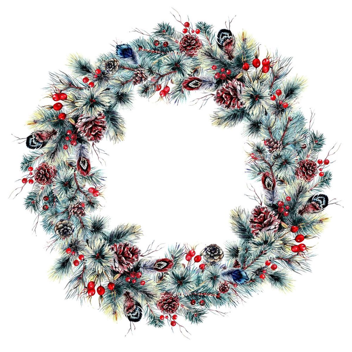 Lush Pine Branches, Feathers, & Berries Fabric Panel