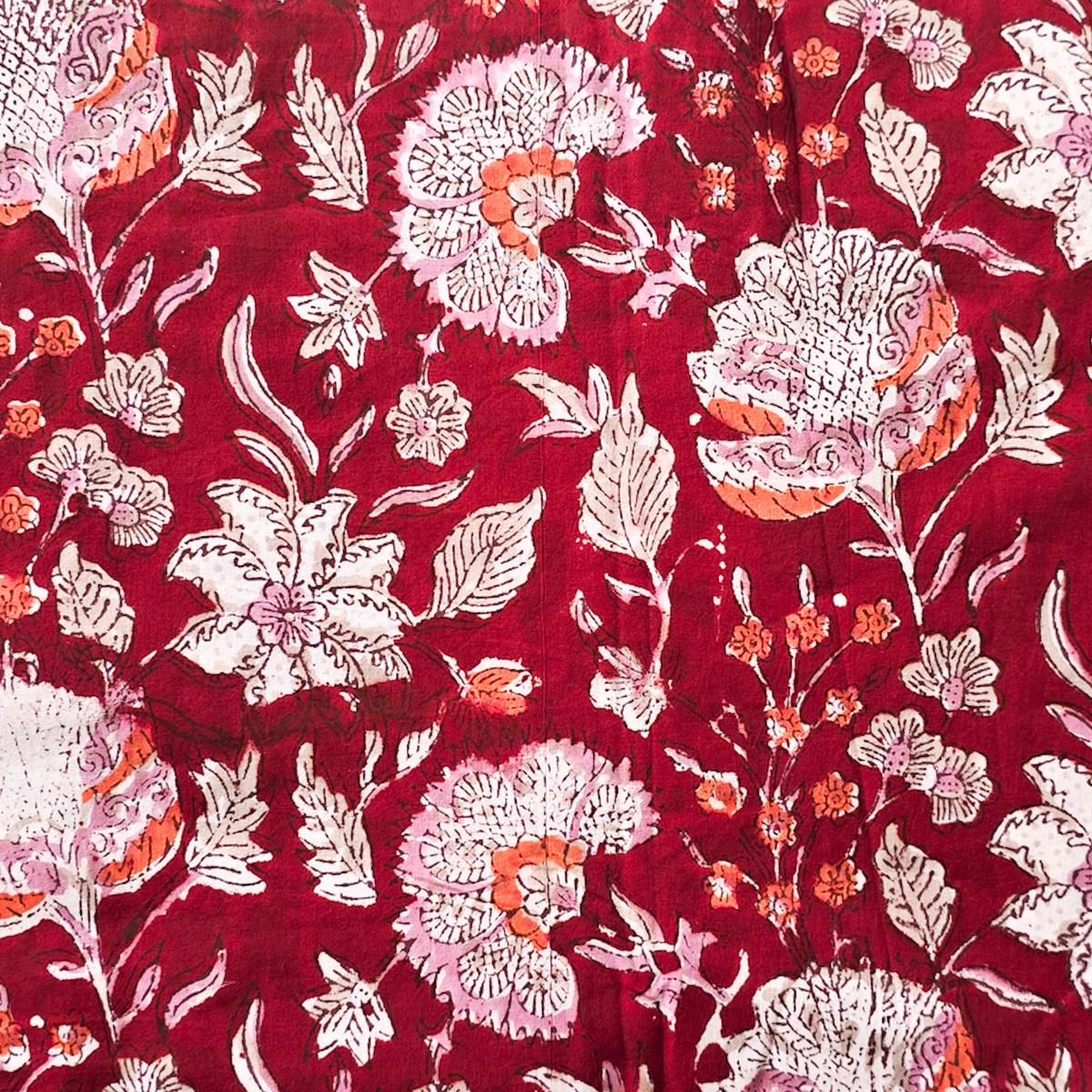 Pure Cotton Jaipuri Dark Red With Orange and Pink Wild Flower Jaal Hand Block Print Fabric