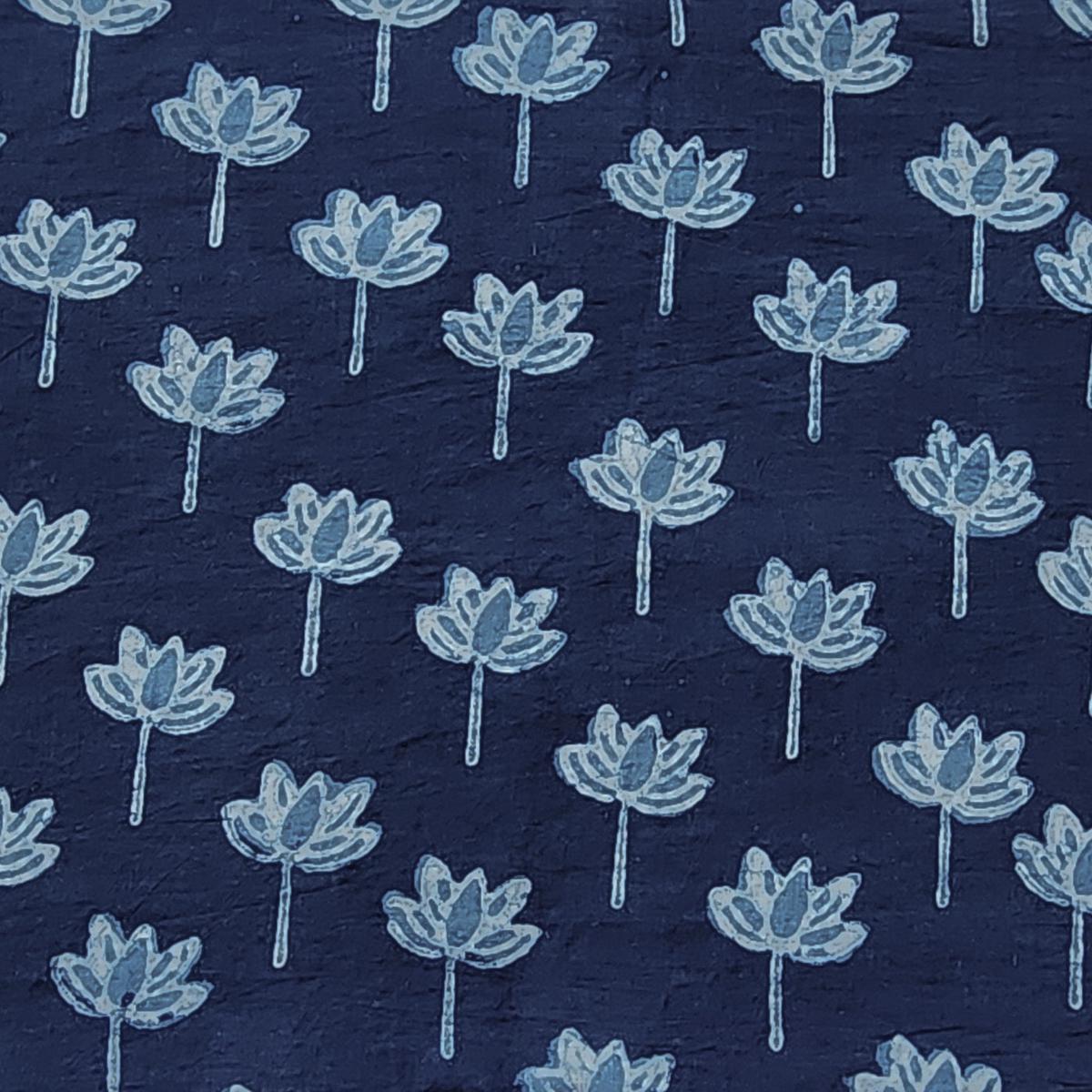 Pure Cotton Akola Indigo With Small Lotus Motif Hand Block Print Fabric