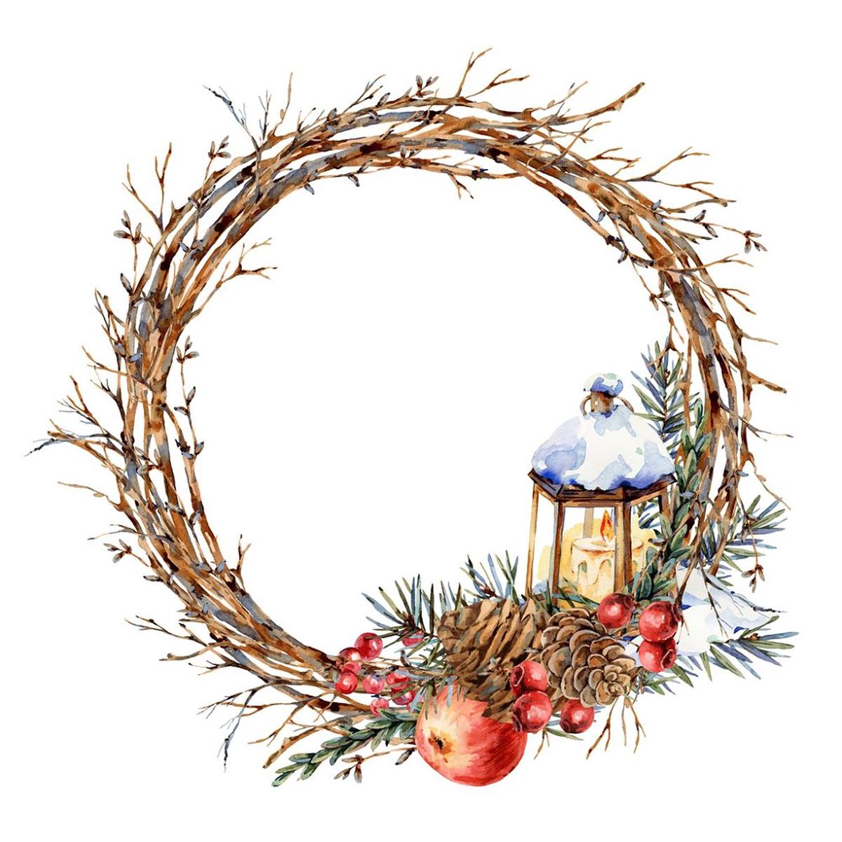 Vintage Twig Wreath Lantern Fabric Panel