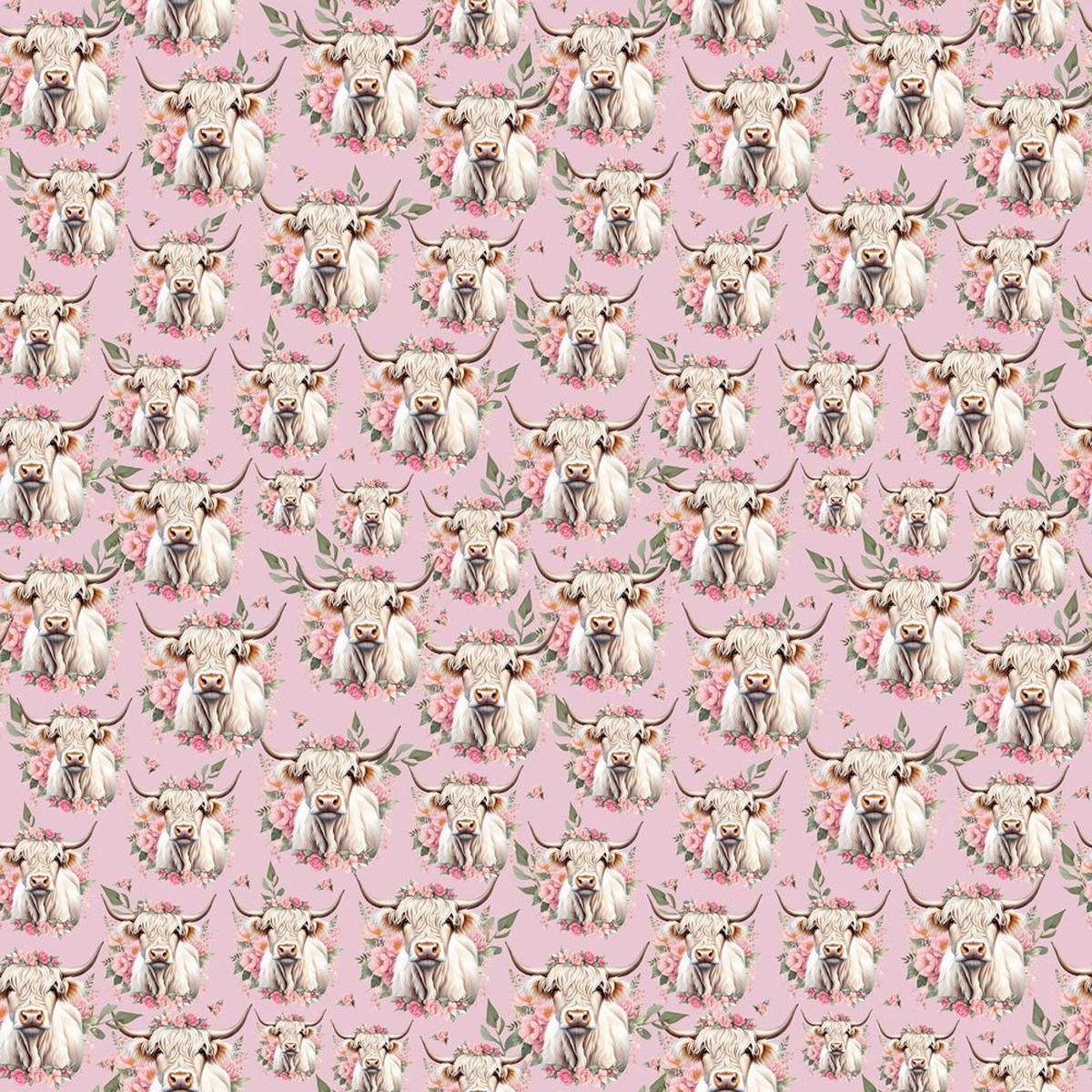 White Highland Cows Pink Flowers Fabric- Pink