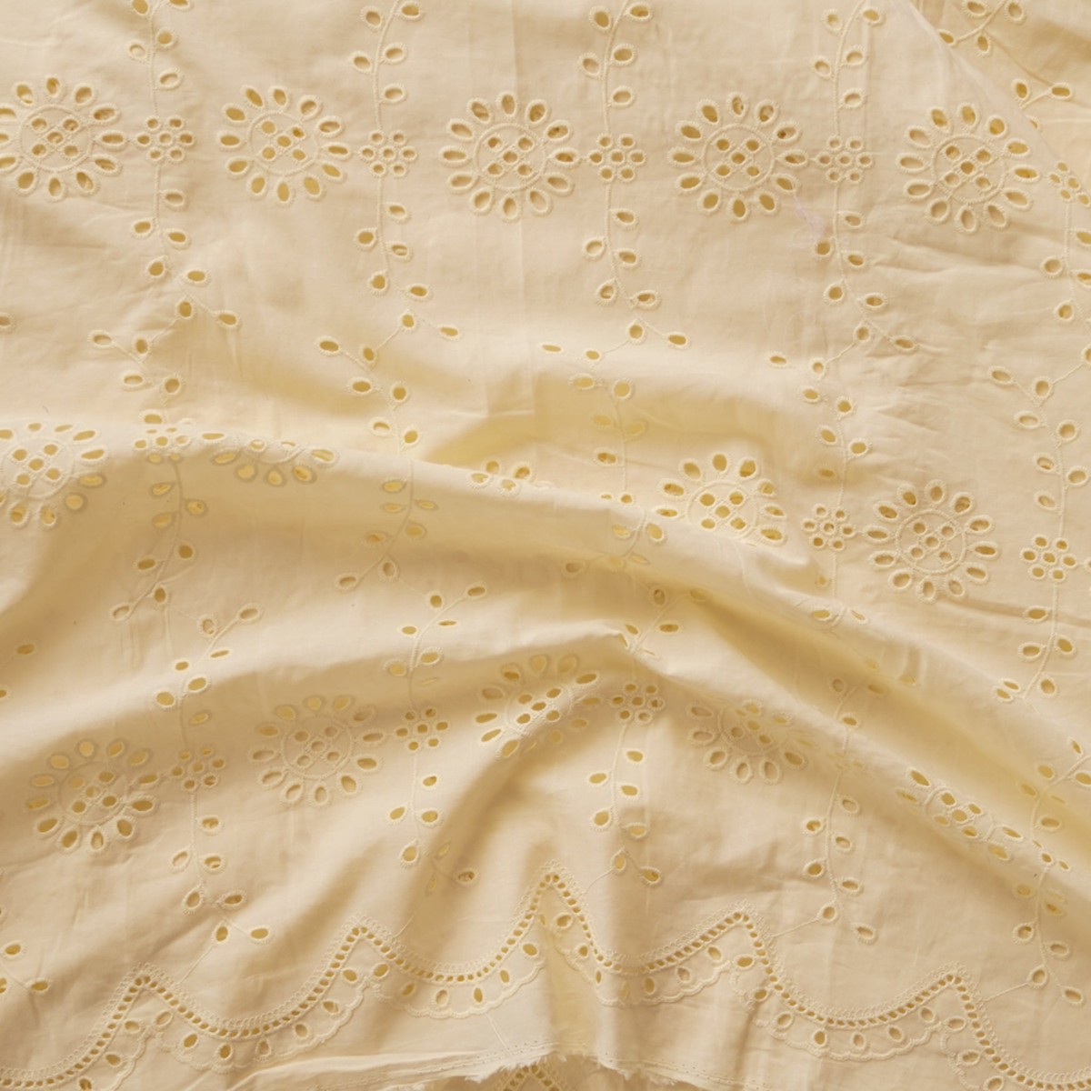 (Width 57 inches) Pure Cotton Hakoba Cream With Flower Motif And Border Design Fabric