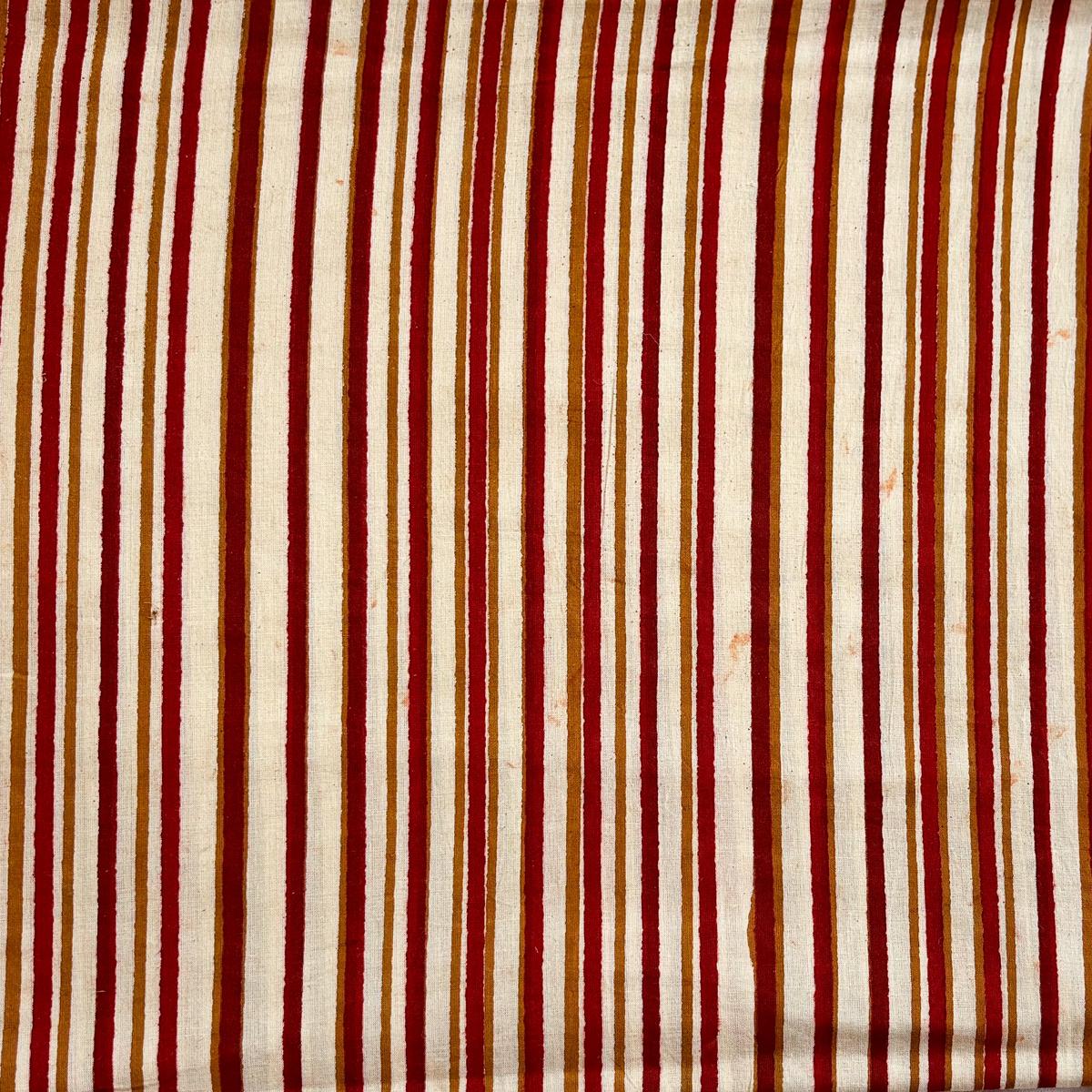 Pure Cotton Bagru Cream With Red And Mustard Stripes Hand Block Print Fabric