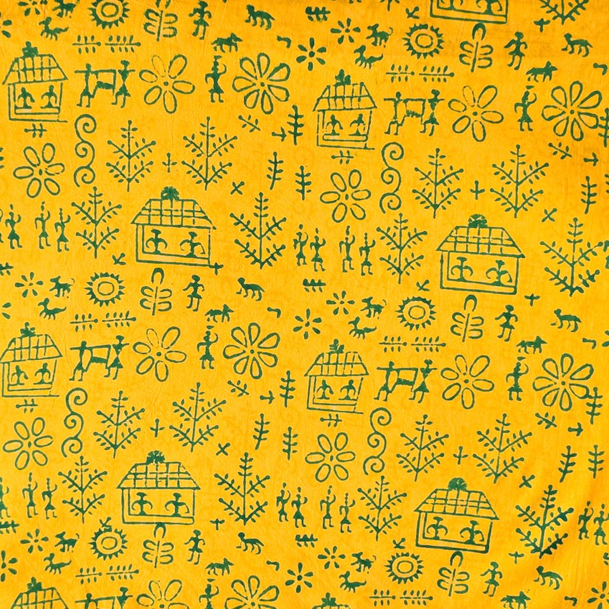 Pure Cotton Gamthi Yellow With Green Village Hand Block Print Fabric