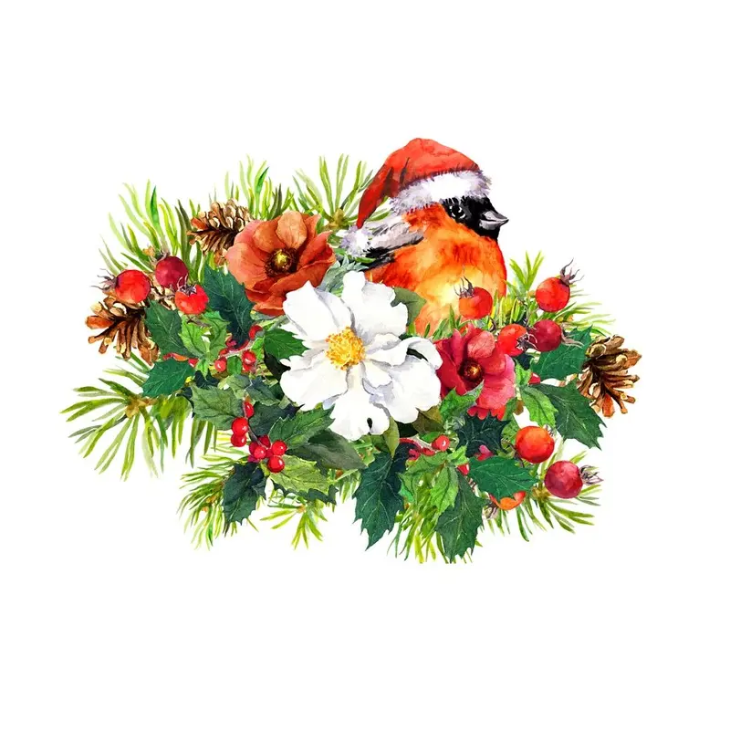 Christmas Finch Fabric Panel - Multi