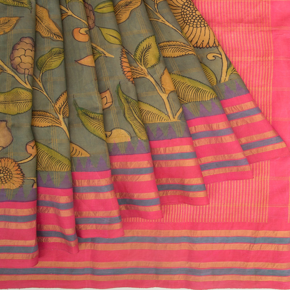 Gadwal Silk Kalamkari Grey Saree