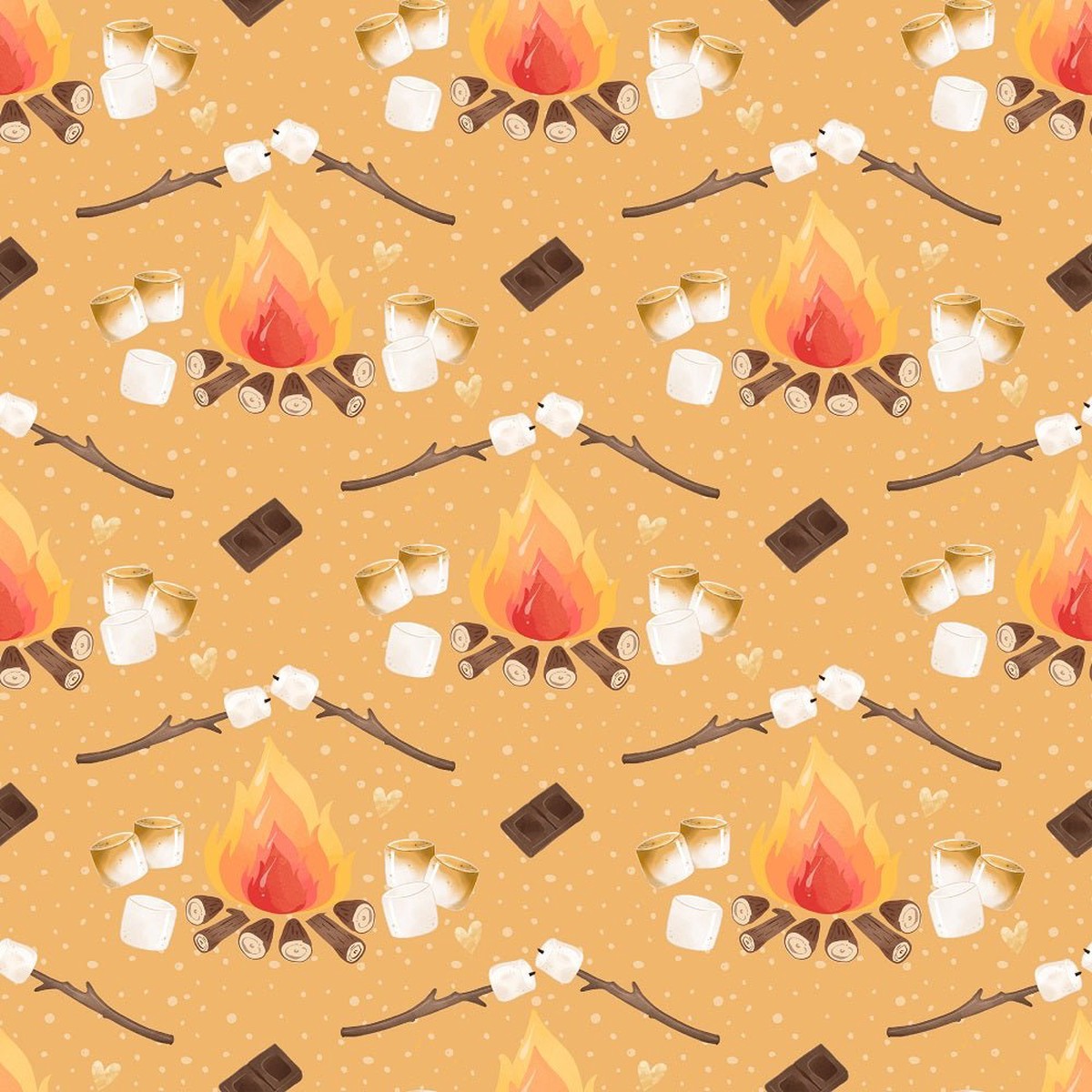 Cute Smores Campfire on Dots Fabric - Orange