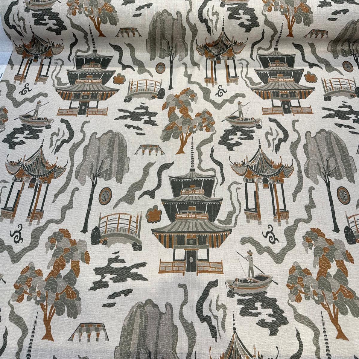 Kumano Toile Topaz Tan Asian Pagoda Print Fabric By The Yard