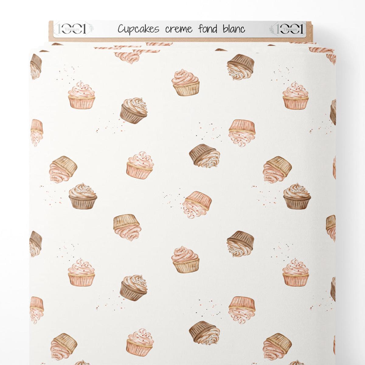 Tissu - Cupcakes crme sur fond blanc