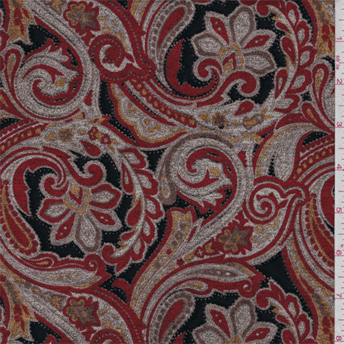 7 1/4 YD PC-Crimson Red/Tan Scroll Chenille Fabric