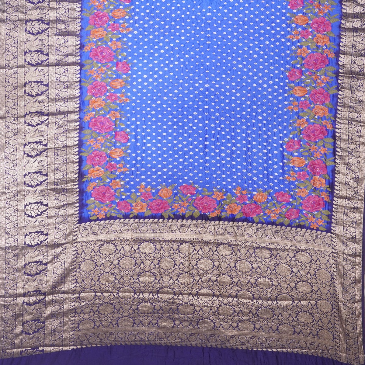 Chiniya Silk Bandhani Butta Blue Saree With Embroidery Border