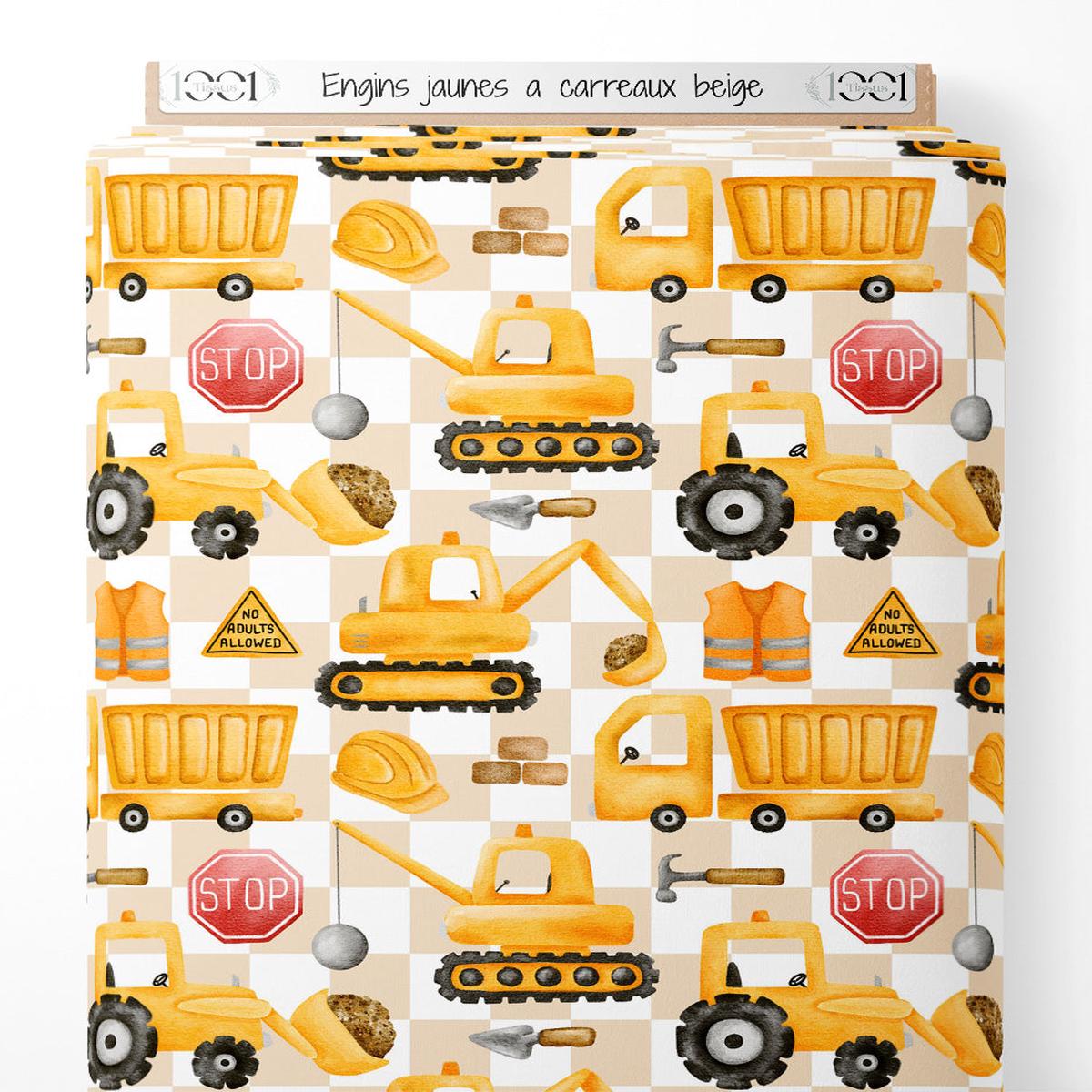 Tissu - Engins jaunes carreaux beige