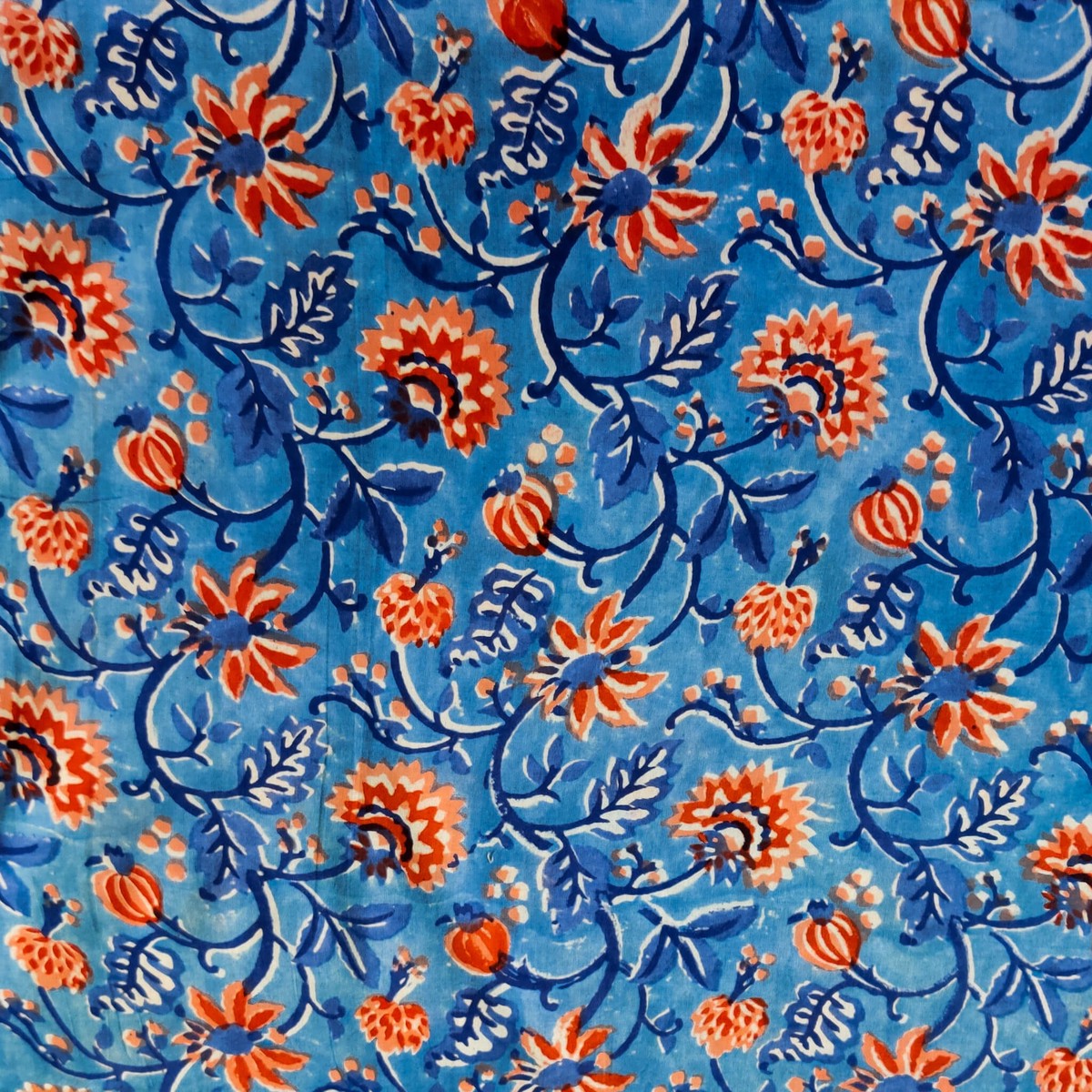 Pure Cotton Blue Jaipuri With Orange Flower Jaal Hand Block Print Fabric