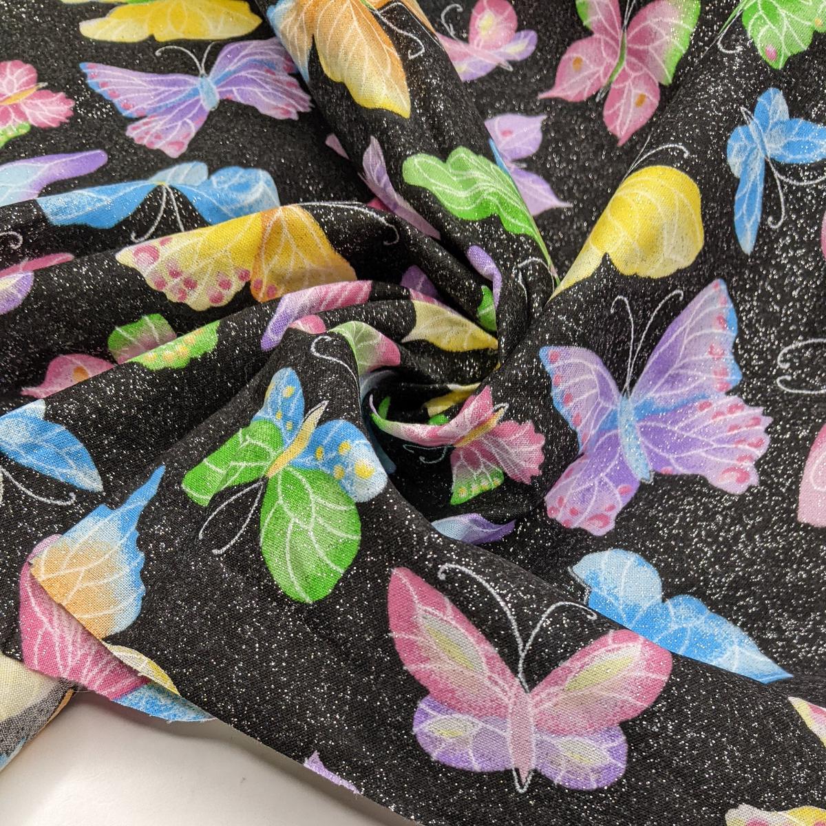 Sparkly Butterflies - Glitter Cotton Woven - Black Multi Butterflies - 0.9M Bundle