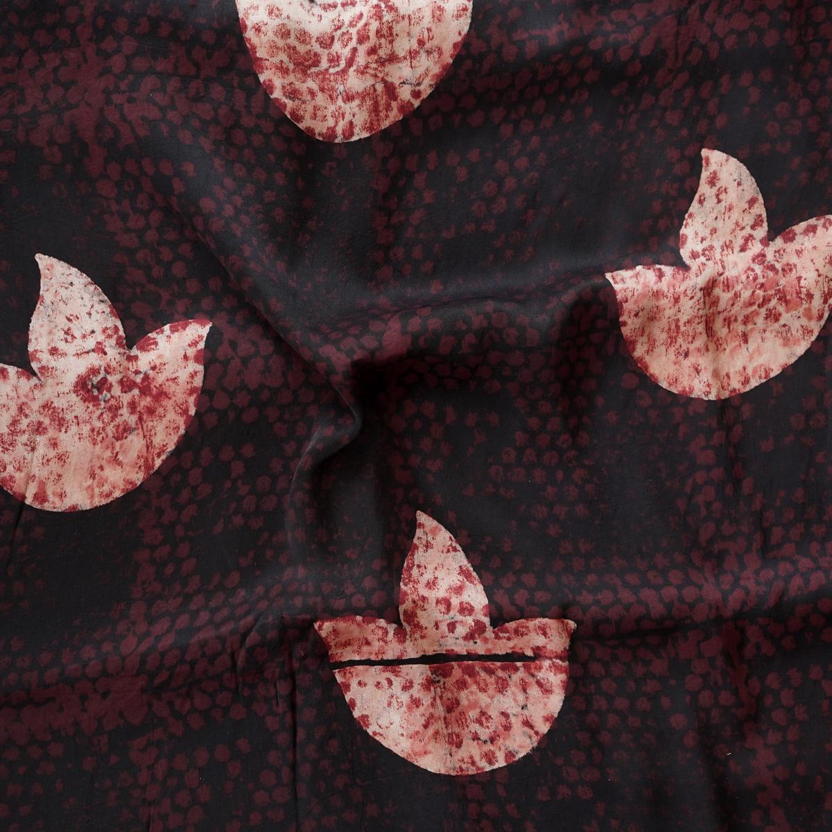 Modal Silk Ajrak Black With Big Contemporary Flower Petal Design Hand Block Print Fabric
