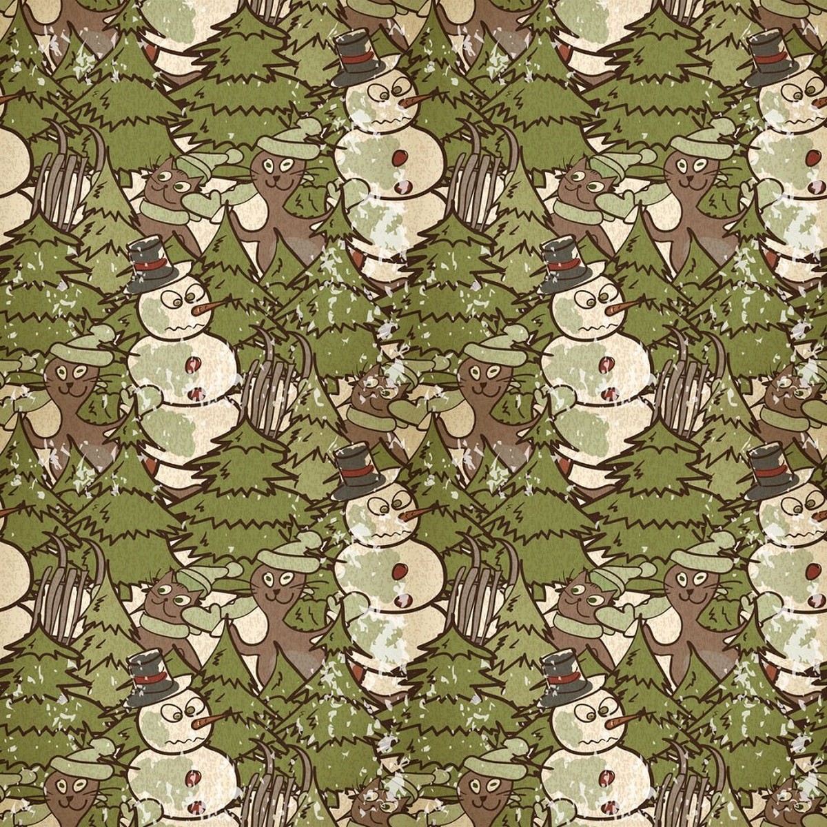 Vintage Angry Snowman with Cat Fabric